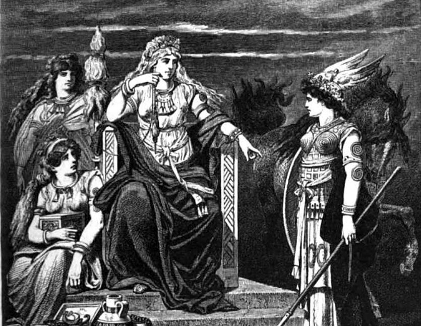 Black and white illustration of a woman in classical attire with other figures in a dramatic setting.