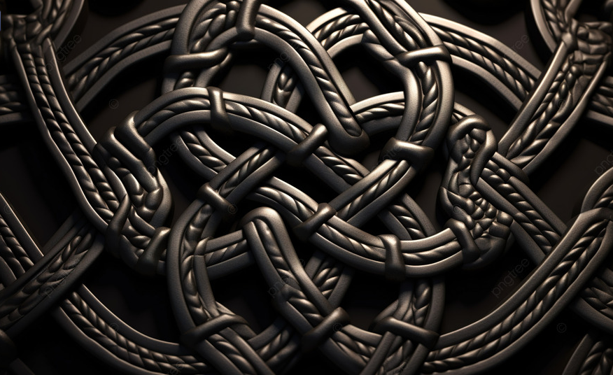 A close-up of a dark, metallic, and intricate Celtic knot pattern with a braided texture, shown in 3D relief