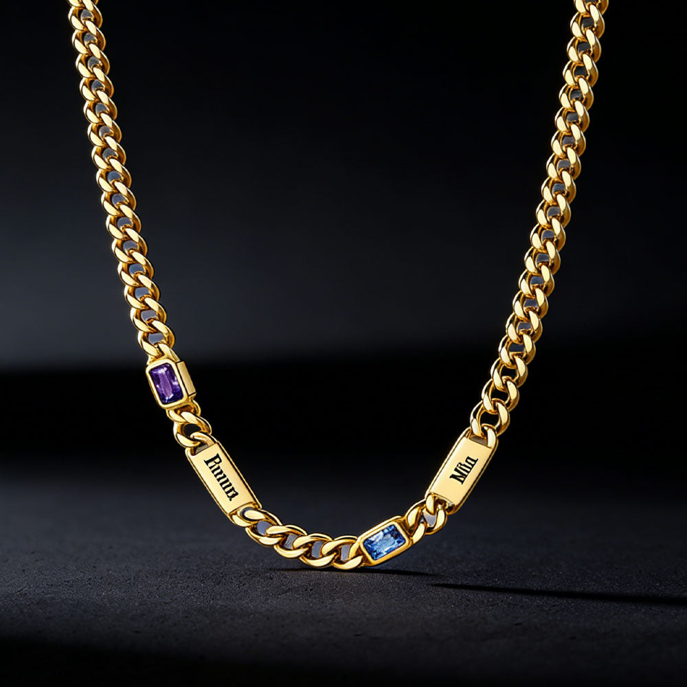 5mm Engraved Name Cuban Chain Necklace with Rectangle Birthstone