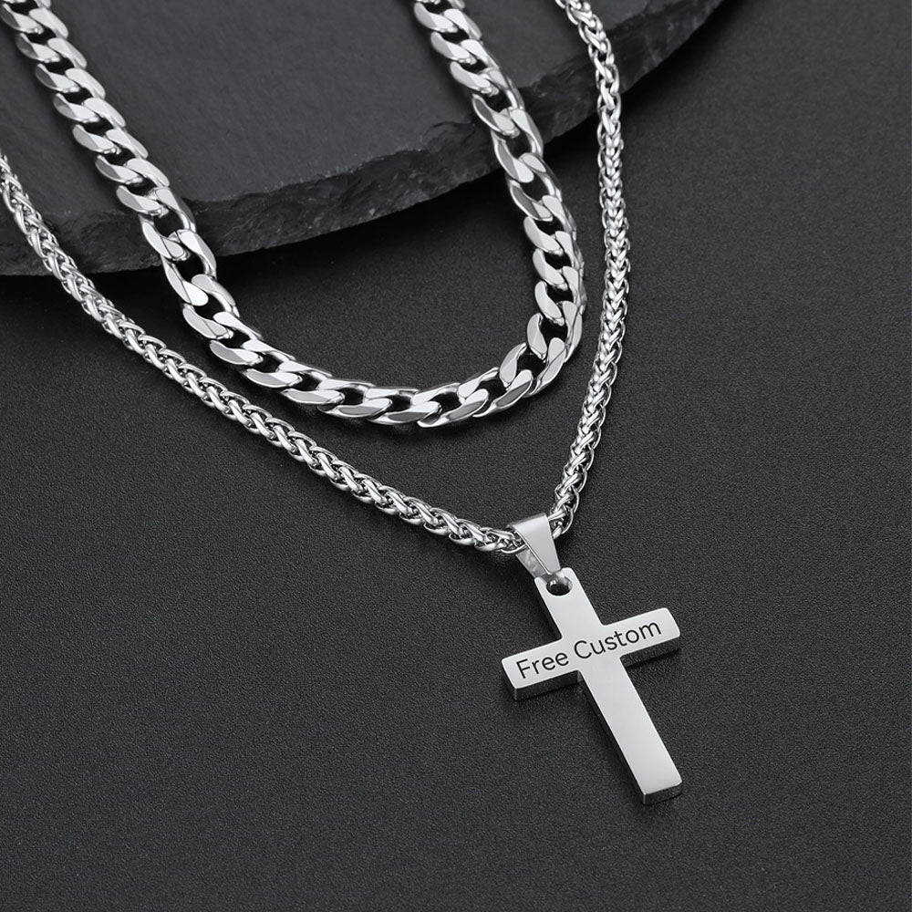 Gift for Men Cuban Chain & Cross Pendant Layered Necklace Set Birthday Gift
