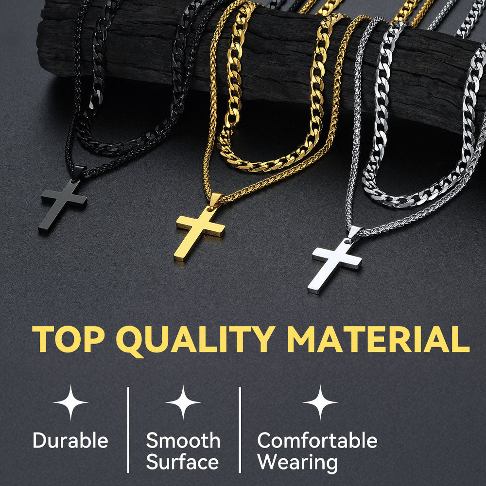 Three necklaces with cross pendants on a dark surface, labeled 'Top Quality Material' with durability, smooth surface, and comfortable wearing features.