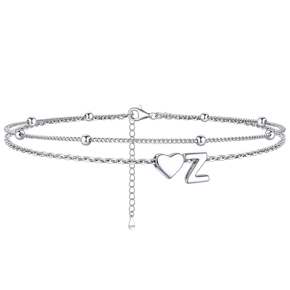 Z / Silver Sterling Silver Initial Heart Layered Anklet for Women