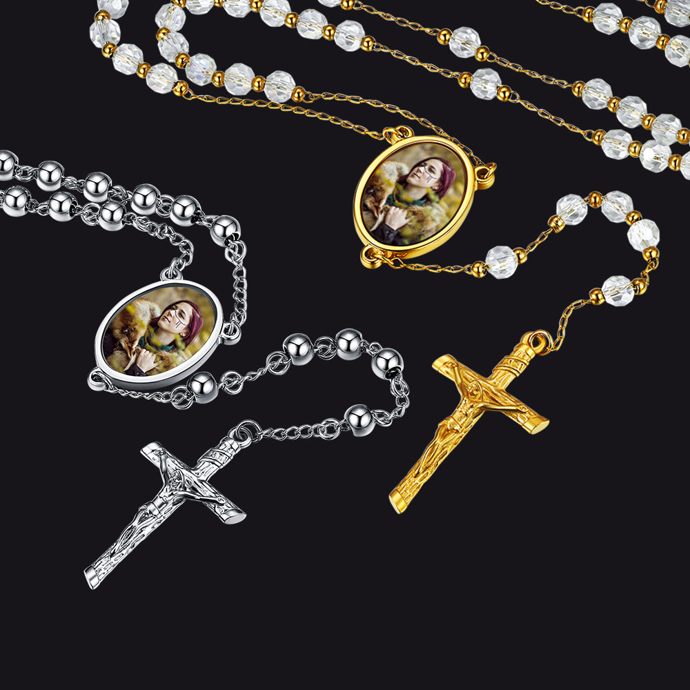 Set Of Custom Picture Rosary Beads Cross Necklace FaithHeart Jewelry