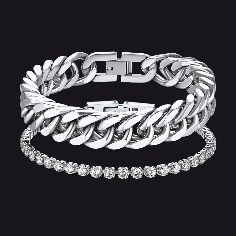 12MM Cuban Chain & 3MM CZ Tennis Bracelet Set for Men | Steel