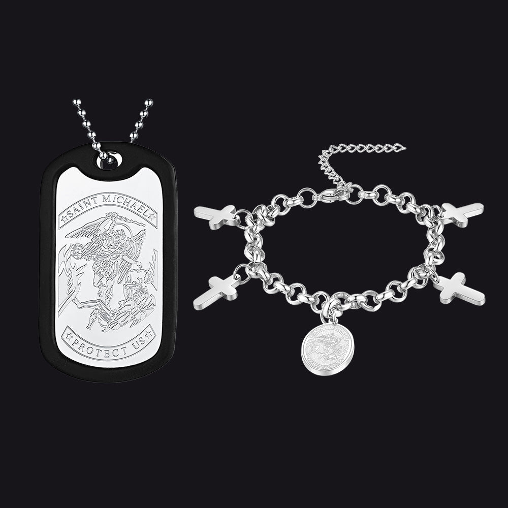 Set Of Saint Michael Charm Cross Necklace Bracelet FaithHeart Jewelry
