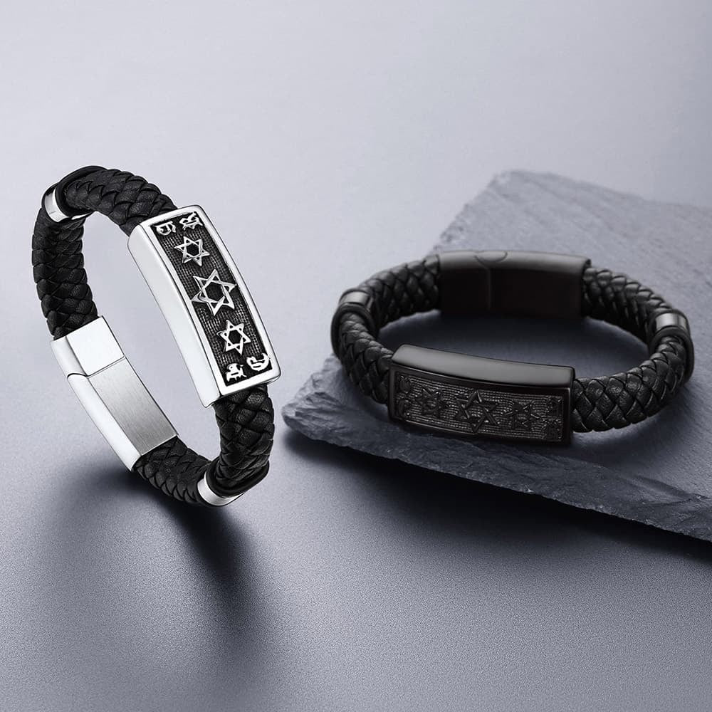 FaithHeart Black Leather Braided Hexagram Bracelet Punk Leather Cuff FaithHeart