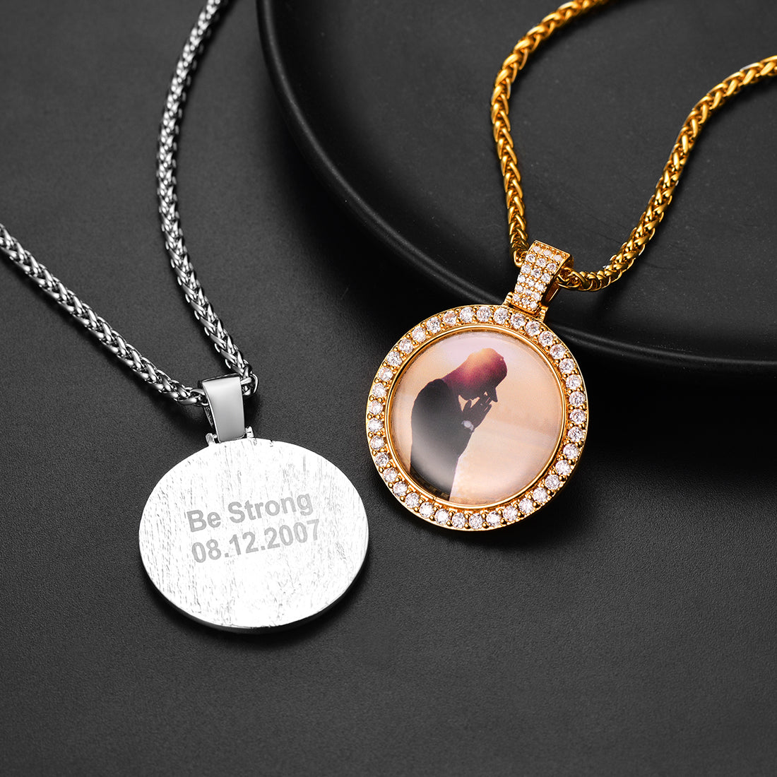 Custom photo pendant necklace with engraved date, men's memorial jewelry
