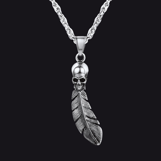 Gothic Stainless Steel Skull Feather Necklace FaithHeart Jewelry