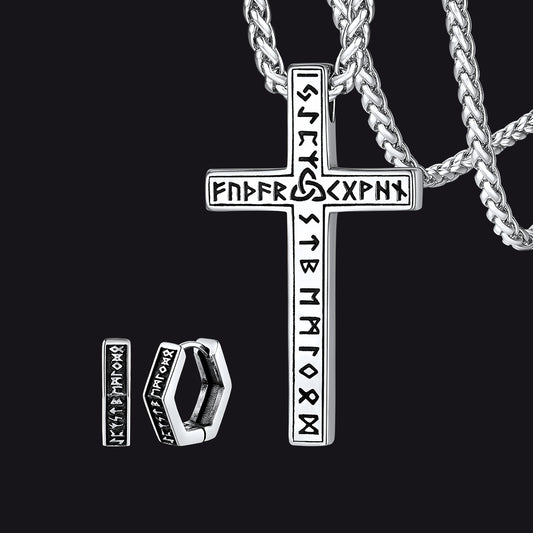 FaithHeart Norse Viking Runes Cross Necklace Hexagon Earrings Set FaithHeart Jewelry