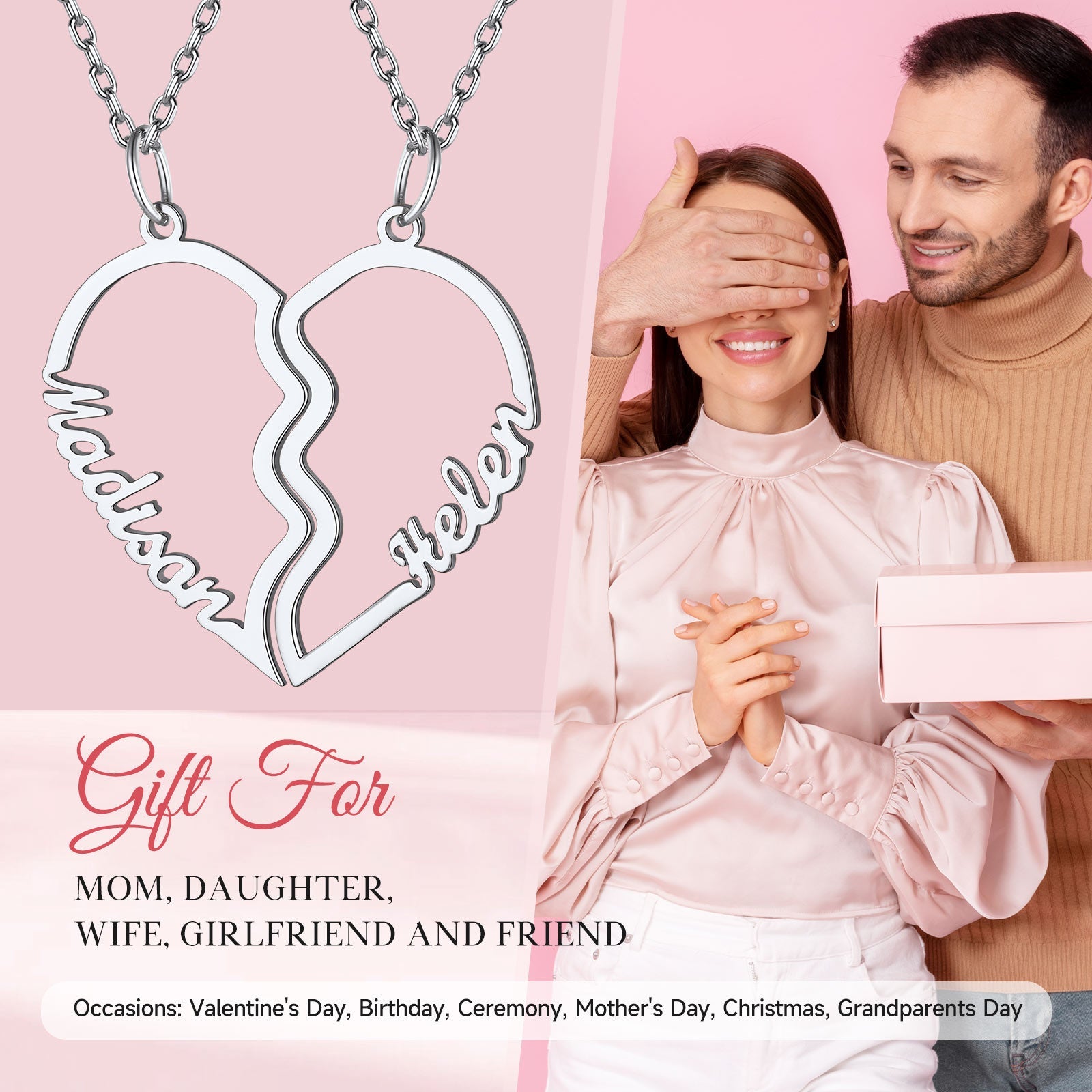 Personalized heart couple necklace gift for girlfriend, silver