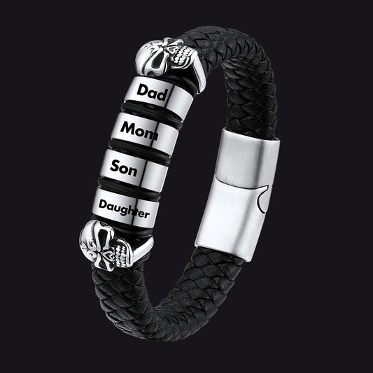 Father's Day Gift-Personalised Black Name Beads Leather Bracelet with Skull for Dad FaithHeart Jewelryimg