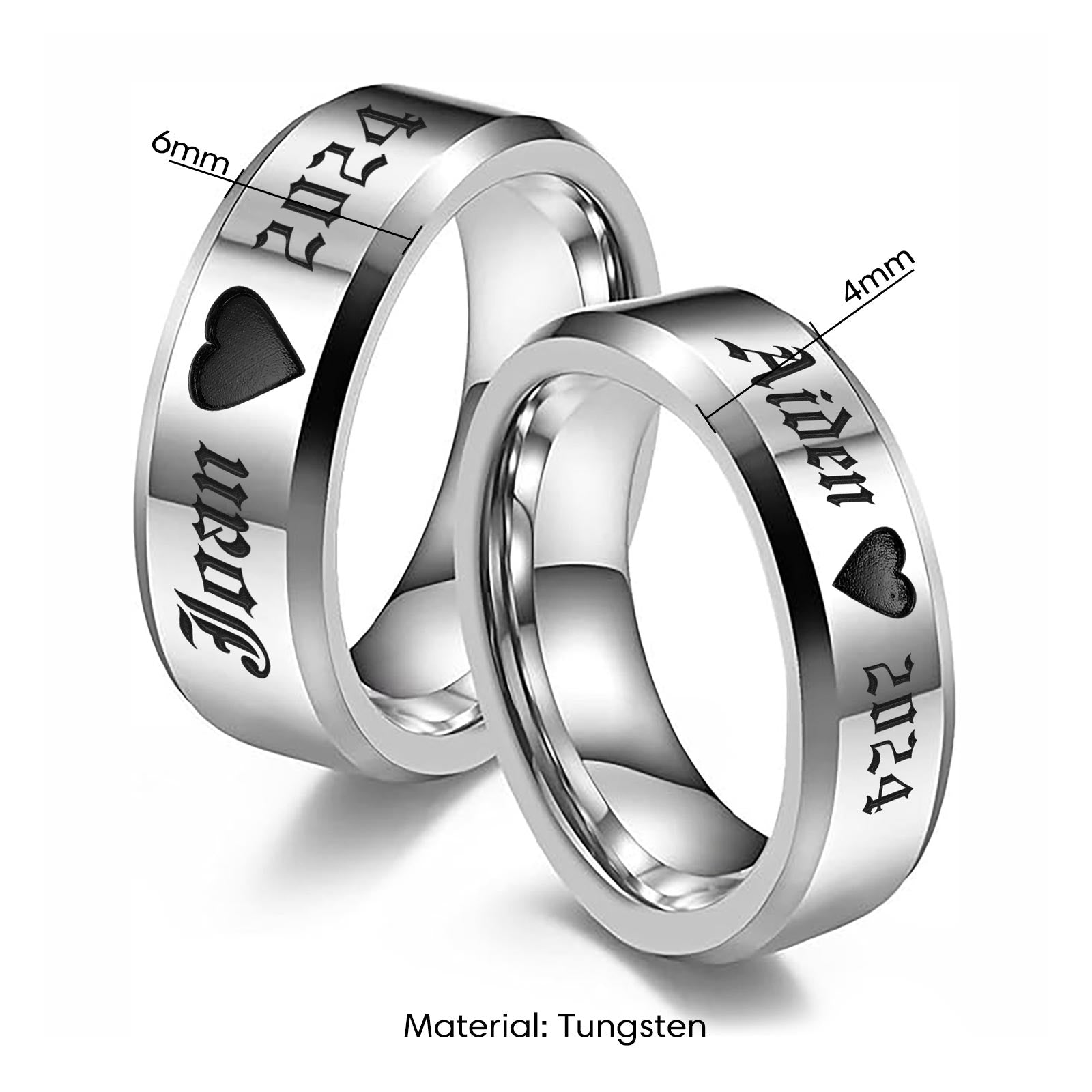 Engraved matching tungsten couple rings, personalized with names and date