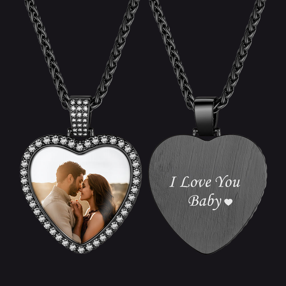 Heart-shaped pendant with photo insert and engraved message on a black chain