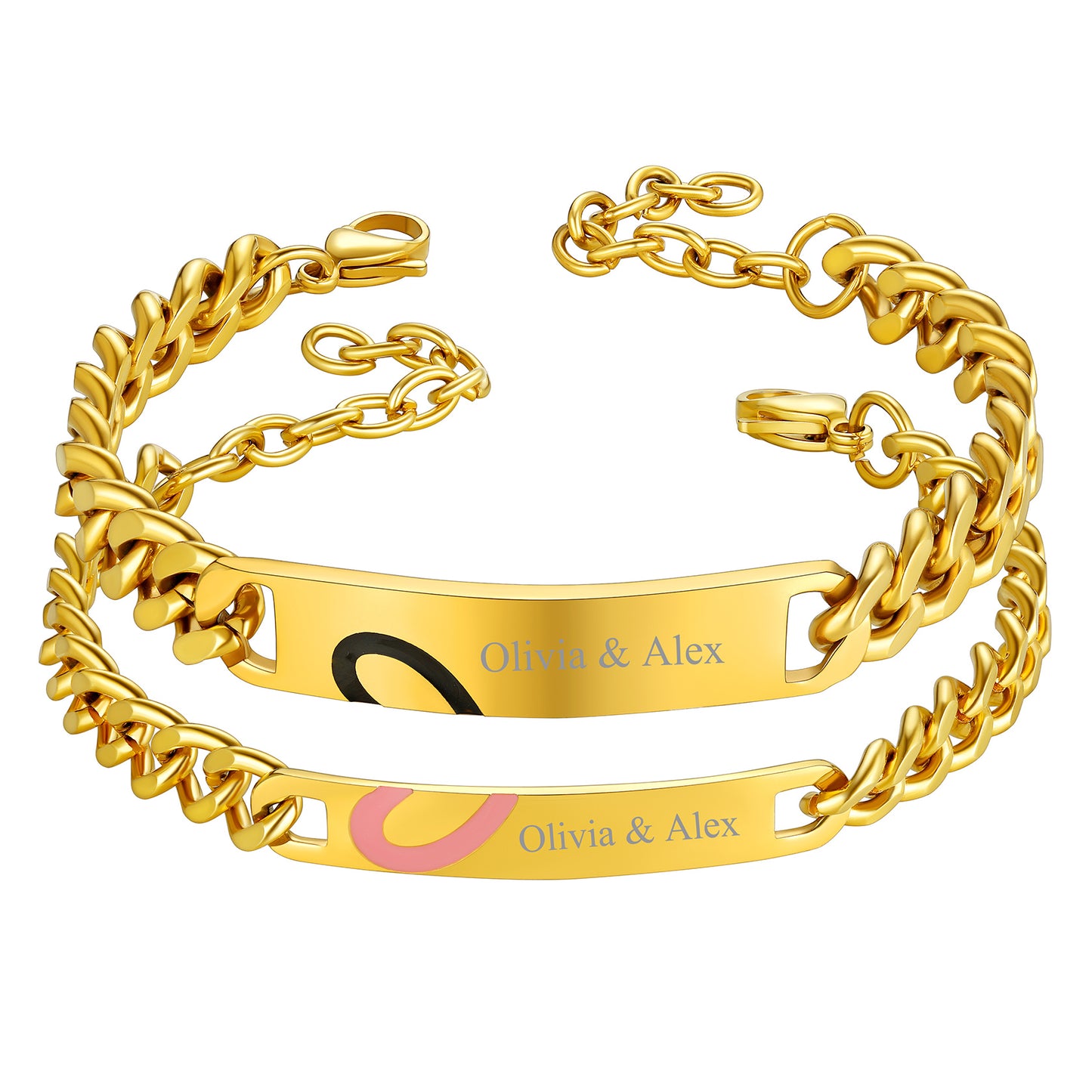 Engraved couple bracelets with Olivia & Alex, matching heart design