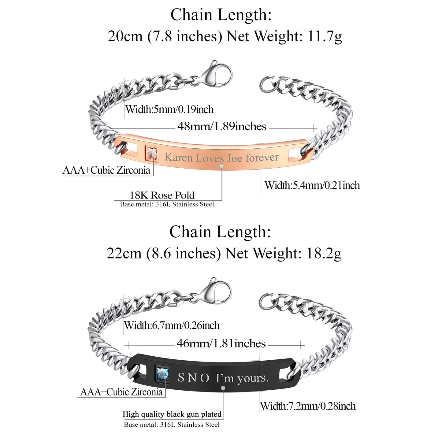 Two bracelets with measurements and details