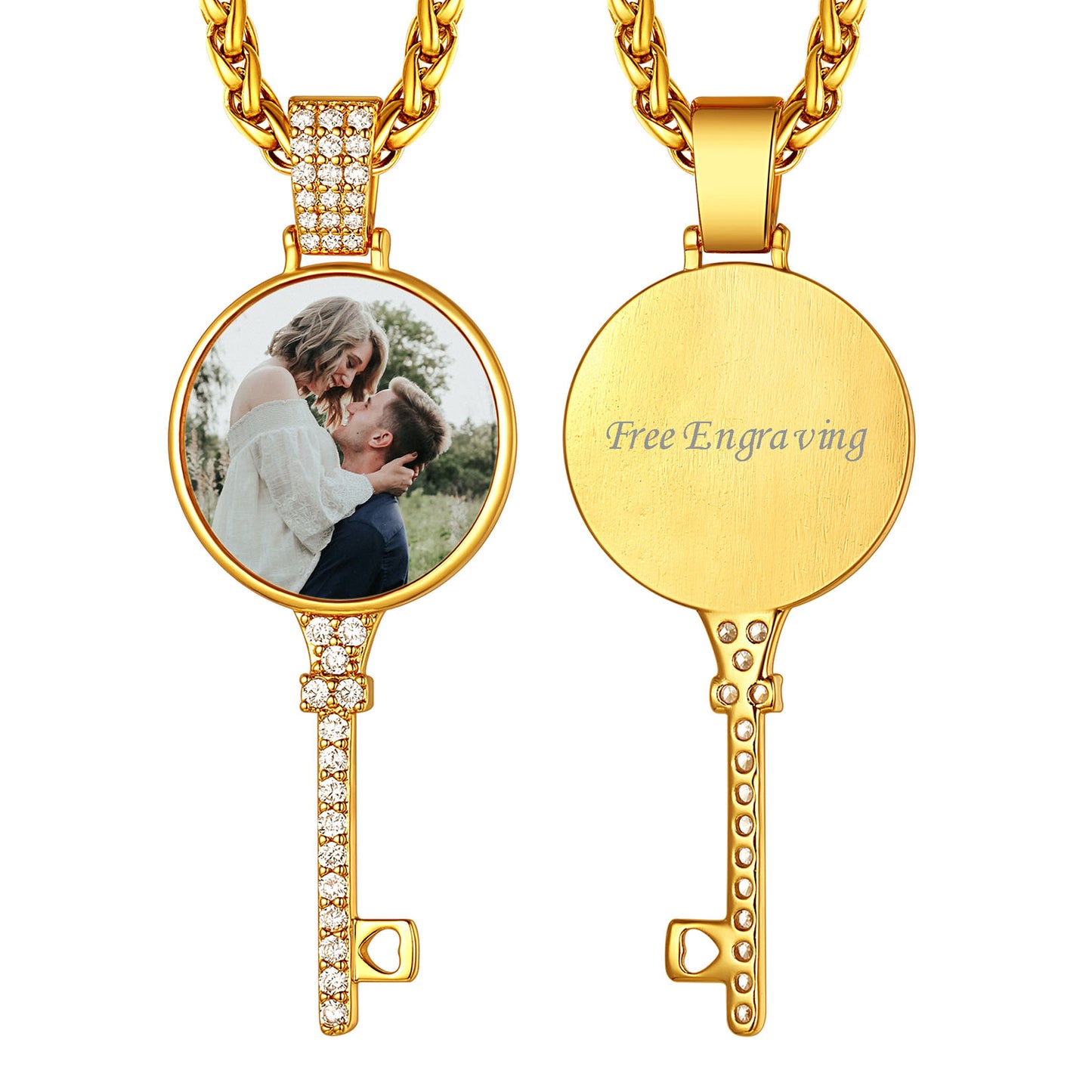 Gold key-shaped pendant with photo engraving on a white background