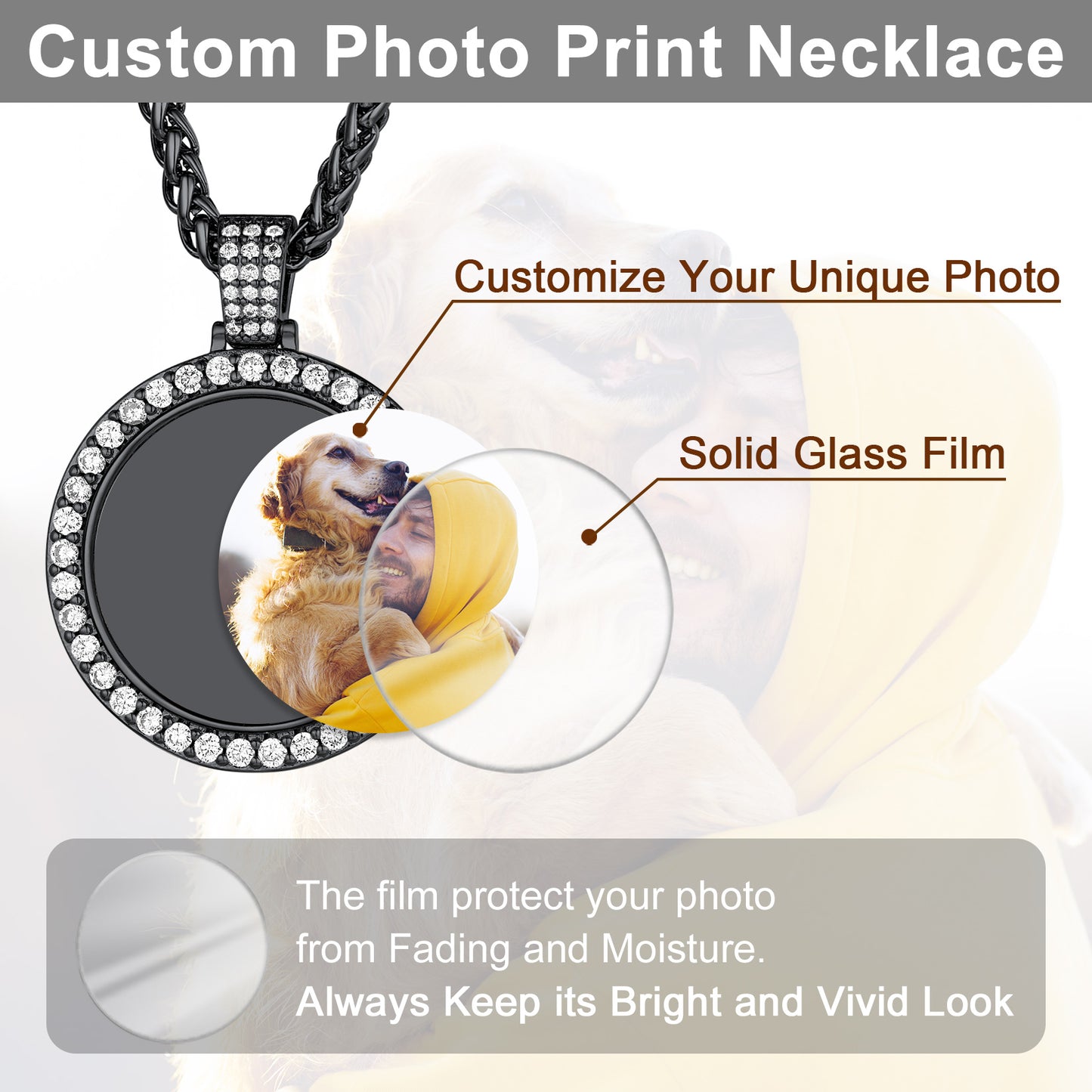 Custom photo pendant necklace for men, with photo protection, keeps bright