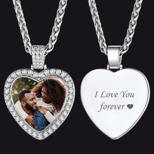 Heart-shaped pendant with embedded photo and 'I Love You forever' engraving on a black backgroundimg
