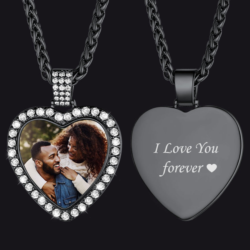 Heart-shaped necklace with a photo insert and 'I Love You forever' engraving on a black background
