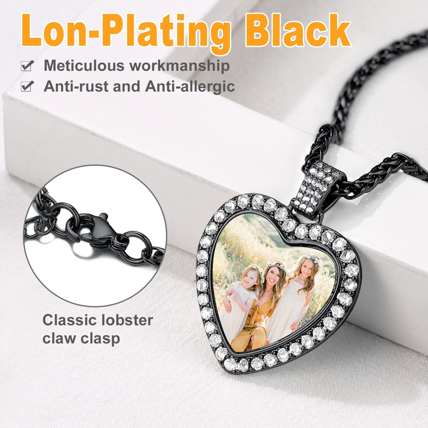 Black heart photo necklace with cubic zirconia, memorial gift