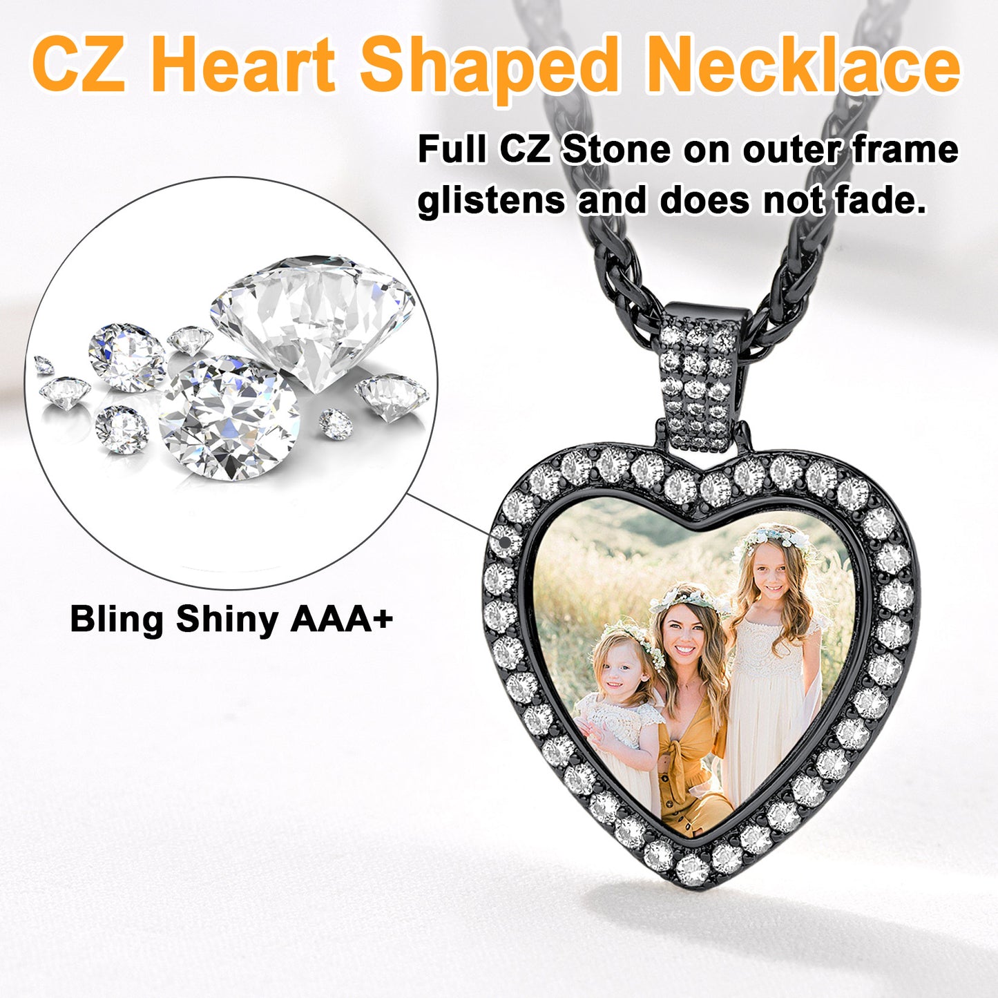 Heart photo necklace, custom picture with shiny AAA+ CZ stones.