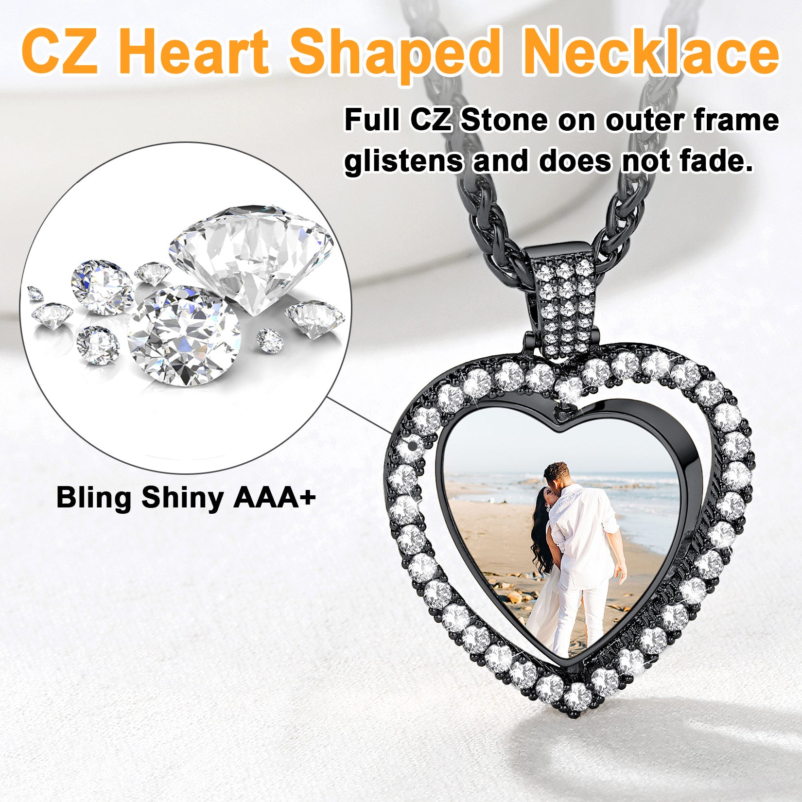 Heart photo necklace with cubic zirconia, custom gift
