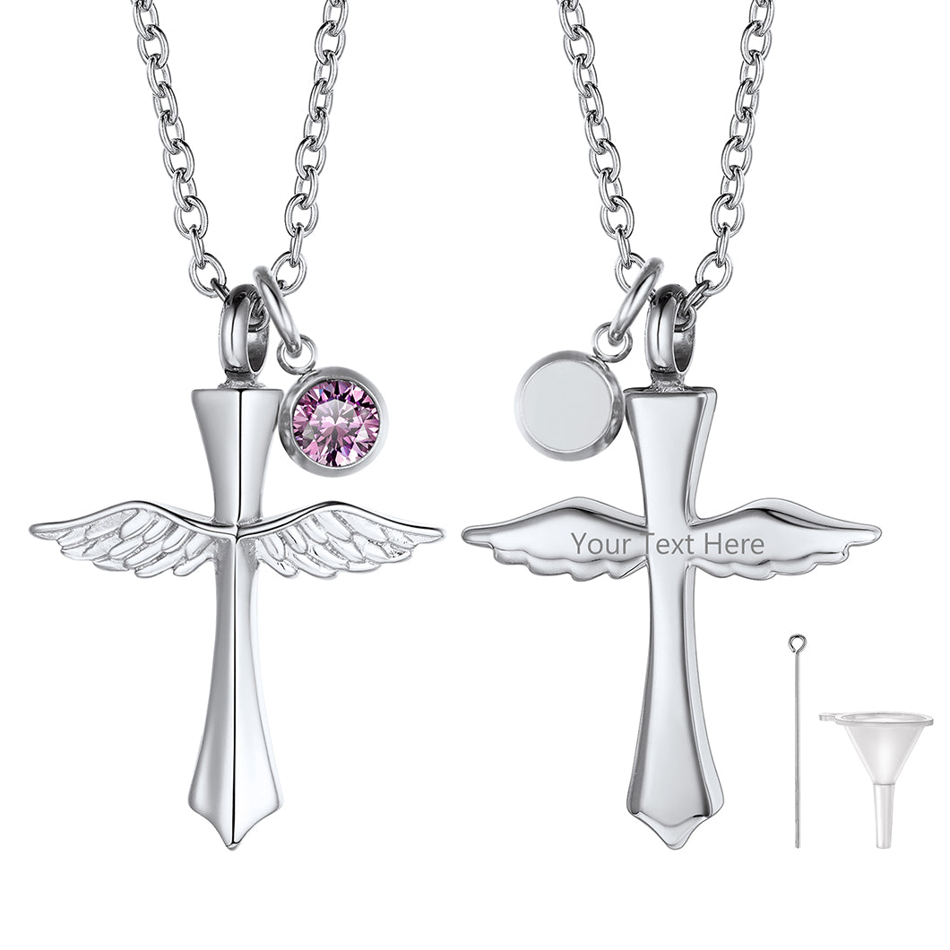 Custom Wings Cross Birthstone Urn Pendant Cremation Necklace for Men Women