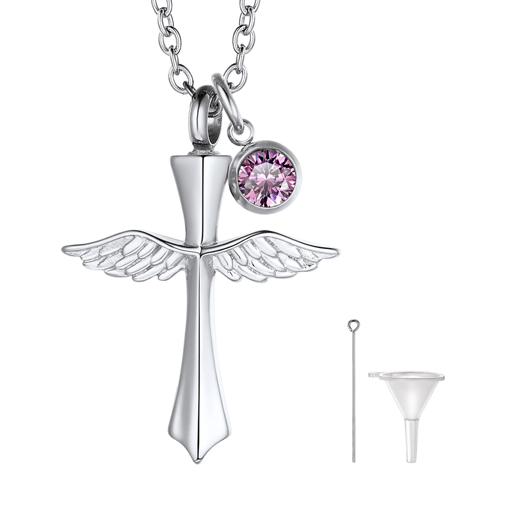 Silver Cross Wings Urn Pendant with Birthstone