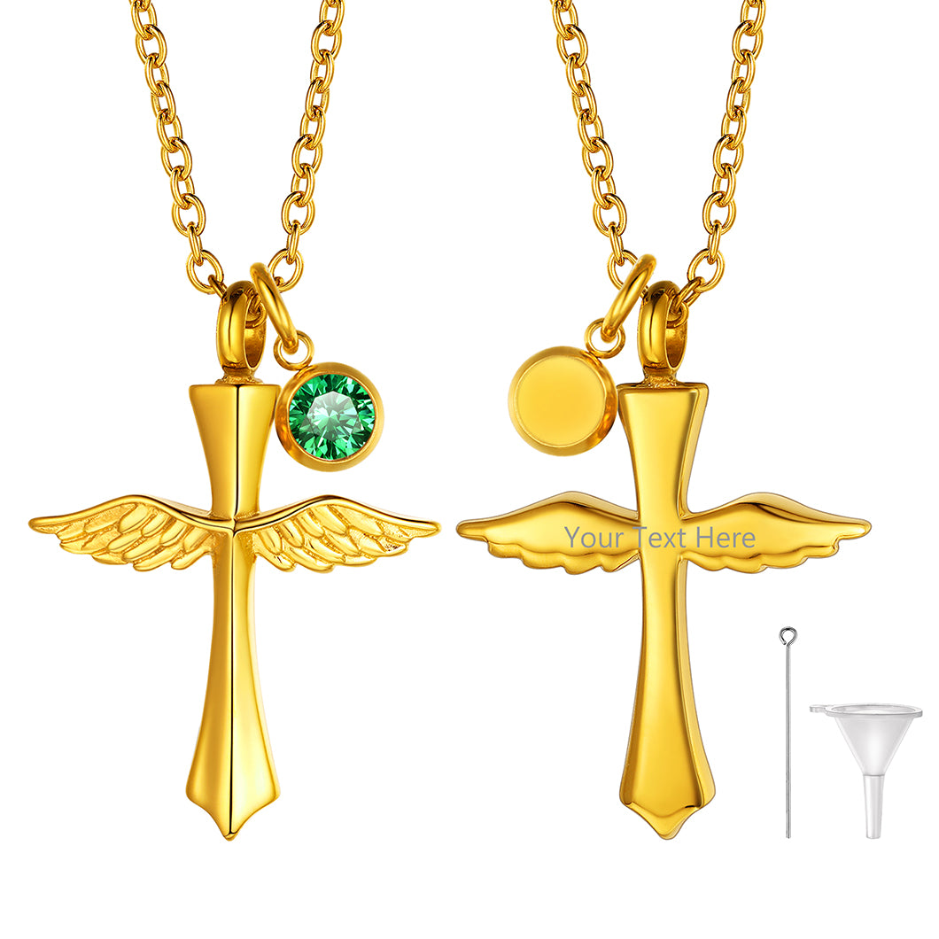 Custom Wings Cross Birthstone Urn Pendant Cremation Necklace for Men Women