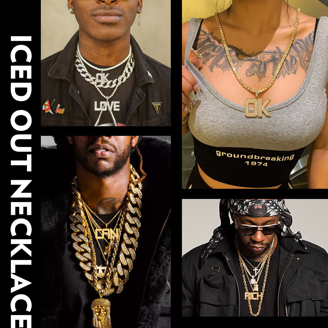 Collage of people wearing gold necklaces with various designs and brands.
