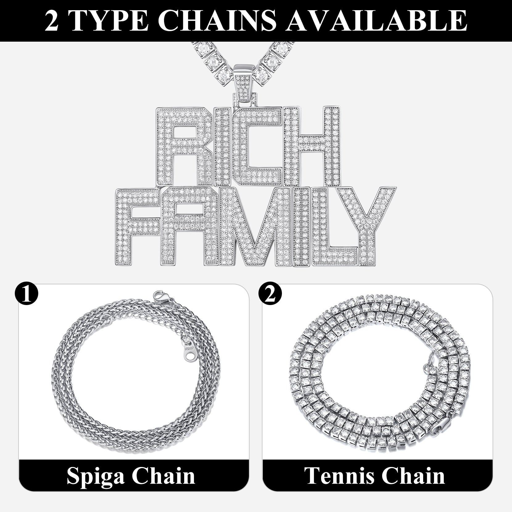 Two types of chains with 'Rich Family' pendant on a white background