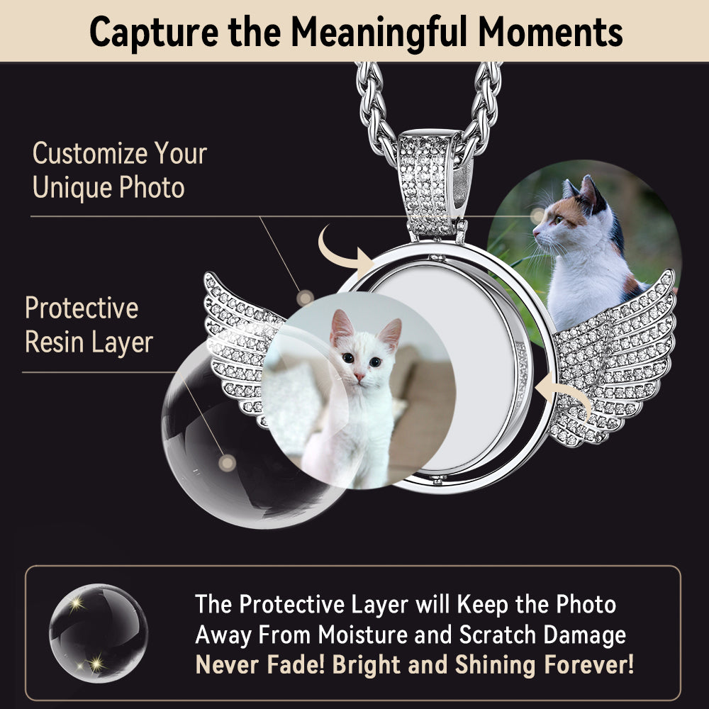 Custom Cat Photo Necklace with Angel Wings and Protective Layer