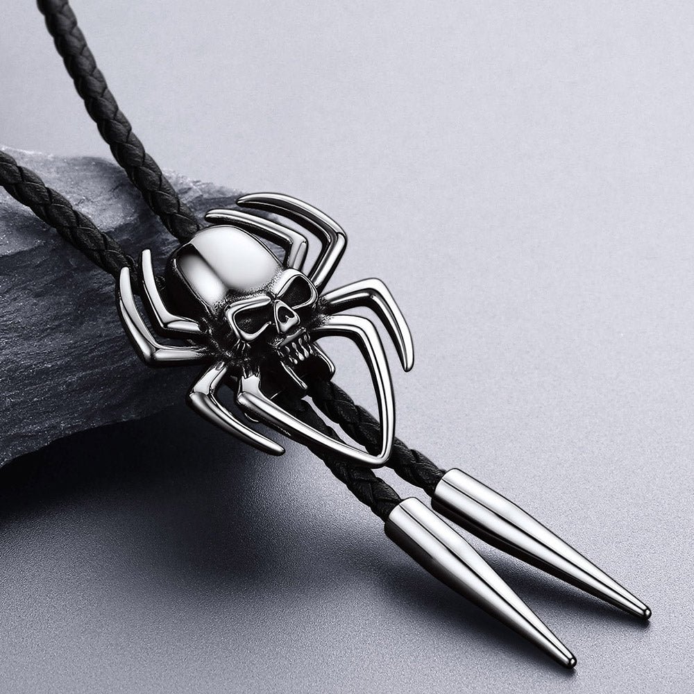 FaithHeart Spider Skull Genuine Leather Black Onyx Bolo Ties Necktie FaithHeart