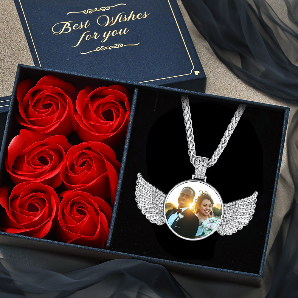 Angel wings photo necklace gift with "Best Wishes for you" message