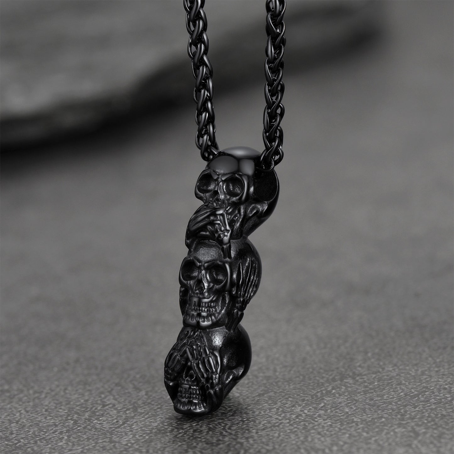 Black See No Evil Hear No Evil Speak No Evil Skull Necklace for Men
