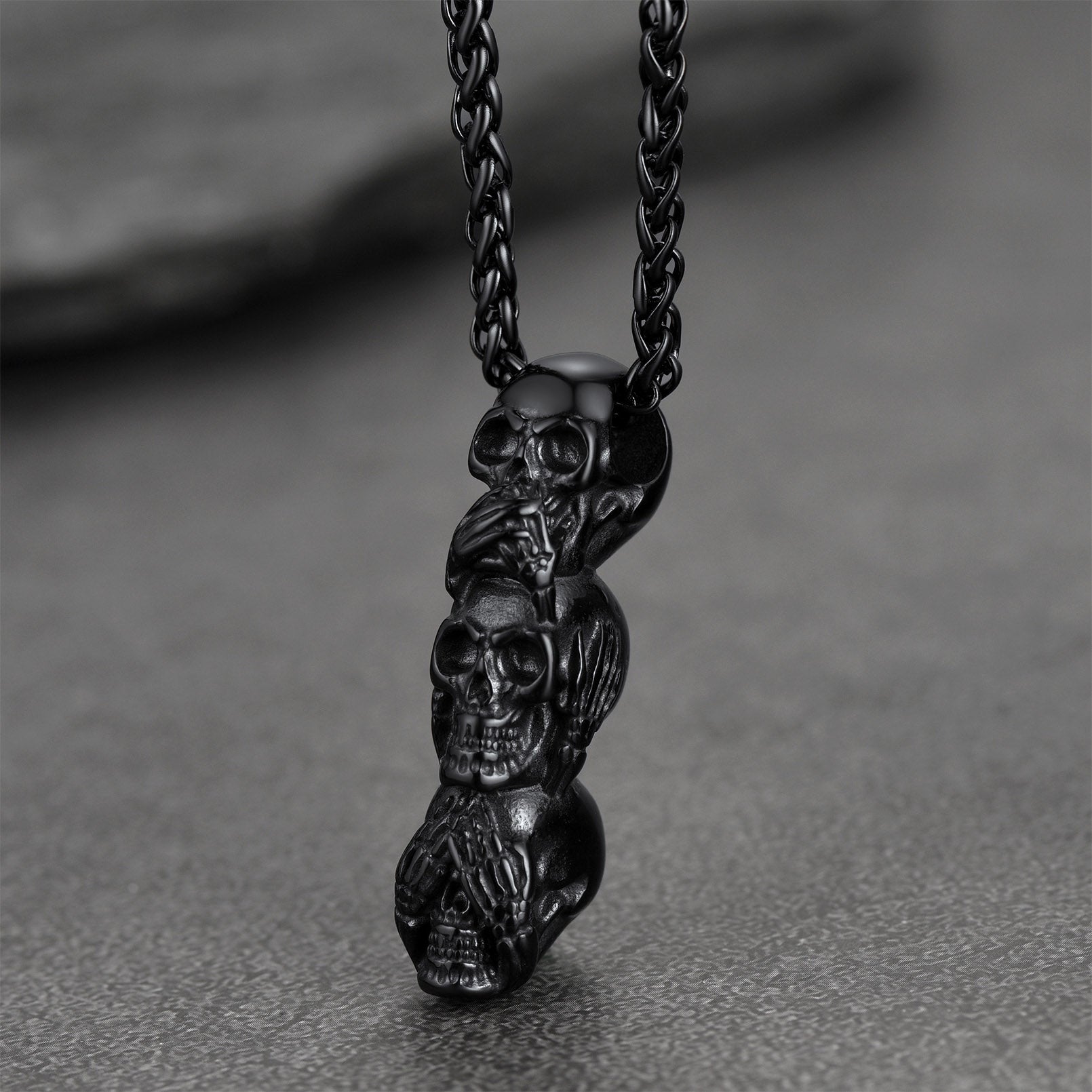 Black See No Evil Hear No Evil Speak No Evil Skull Necklace for Men