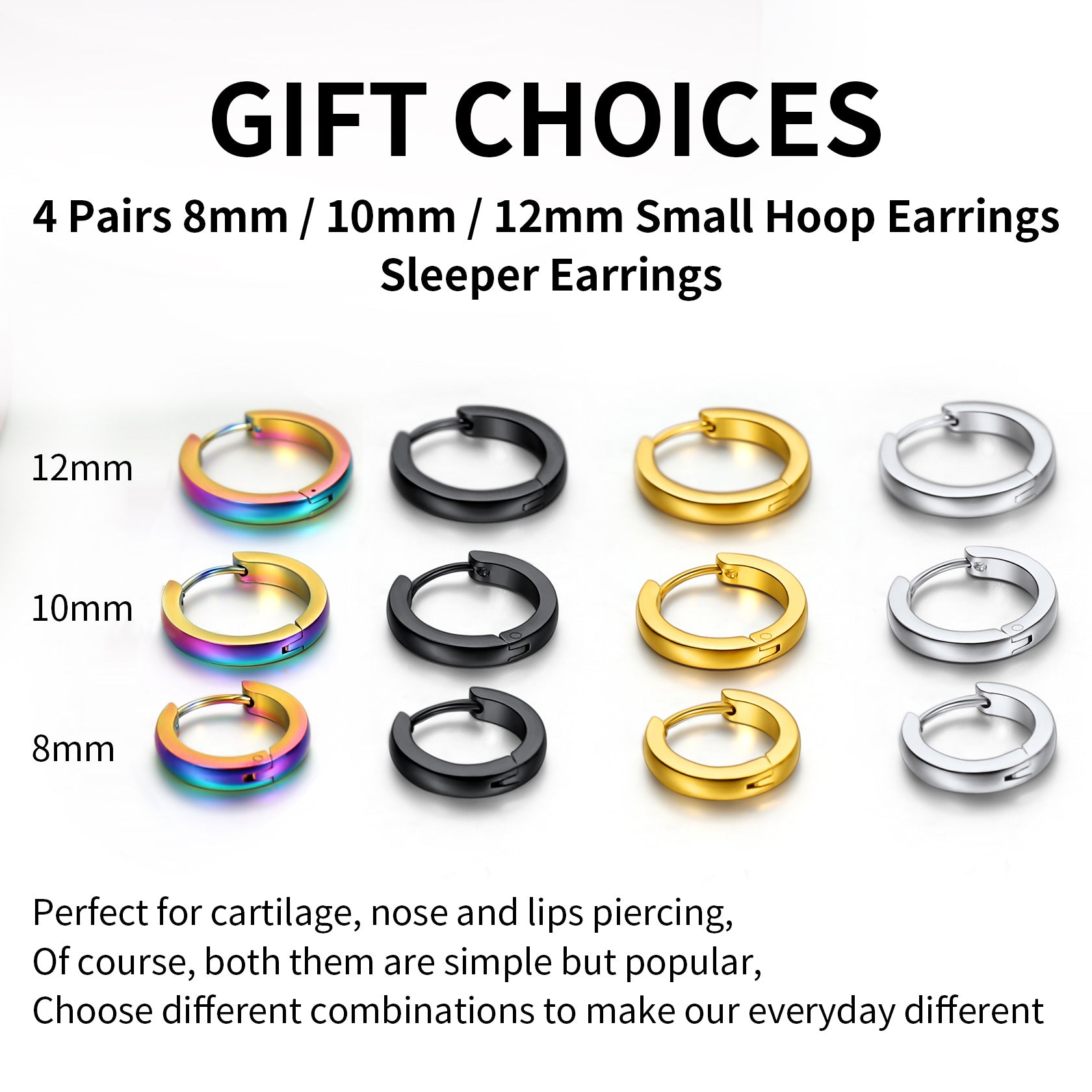 Hoop Earrings Set: 8mm, 10mm, 12mm, stainless steel, gift options.