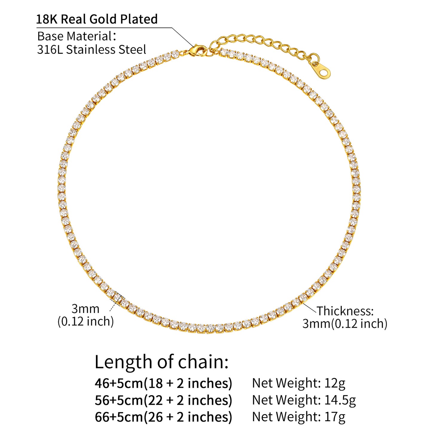 3MM CZ Chain Necklace Sizing Chart 18-22 Inc