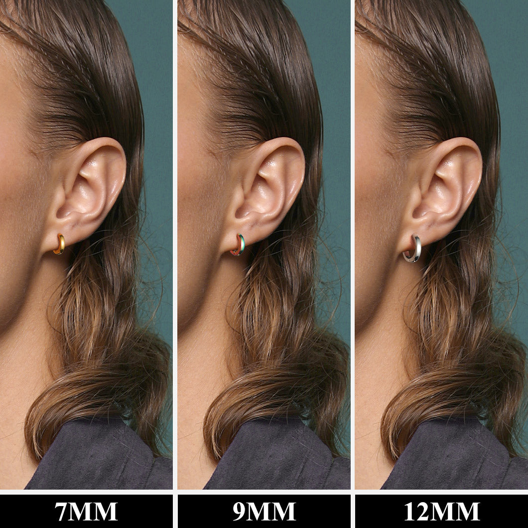 Classic 3 Pairs Hoop Earrings Set. Different sizes of earrings on a woman's ear.