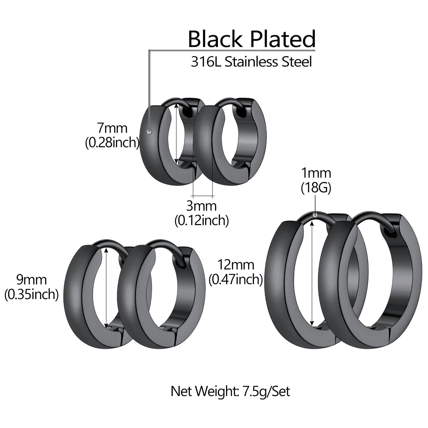 Black plated stainless steel hoop earrings set with size details
