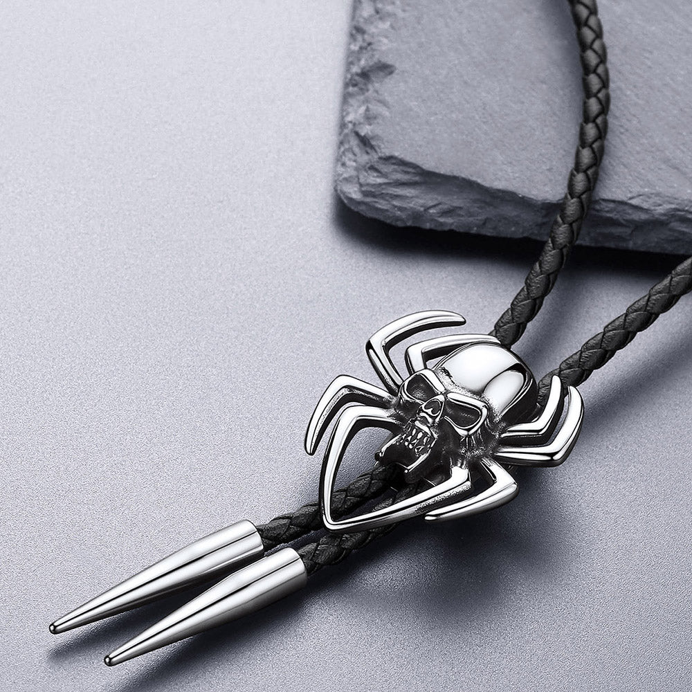 FaithHeart Spider Skull Genuine Leather Black Onyx Bolo Ties Necktie FaithHeart