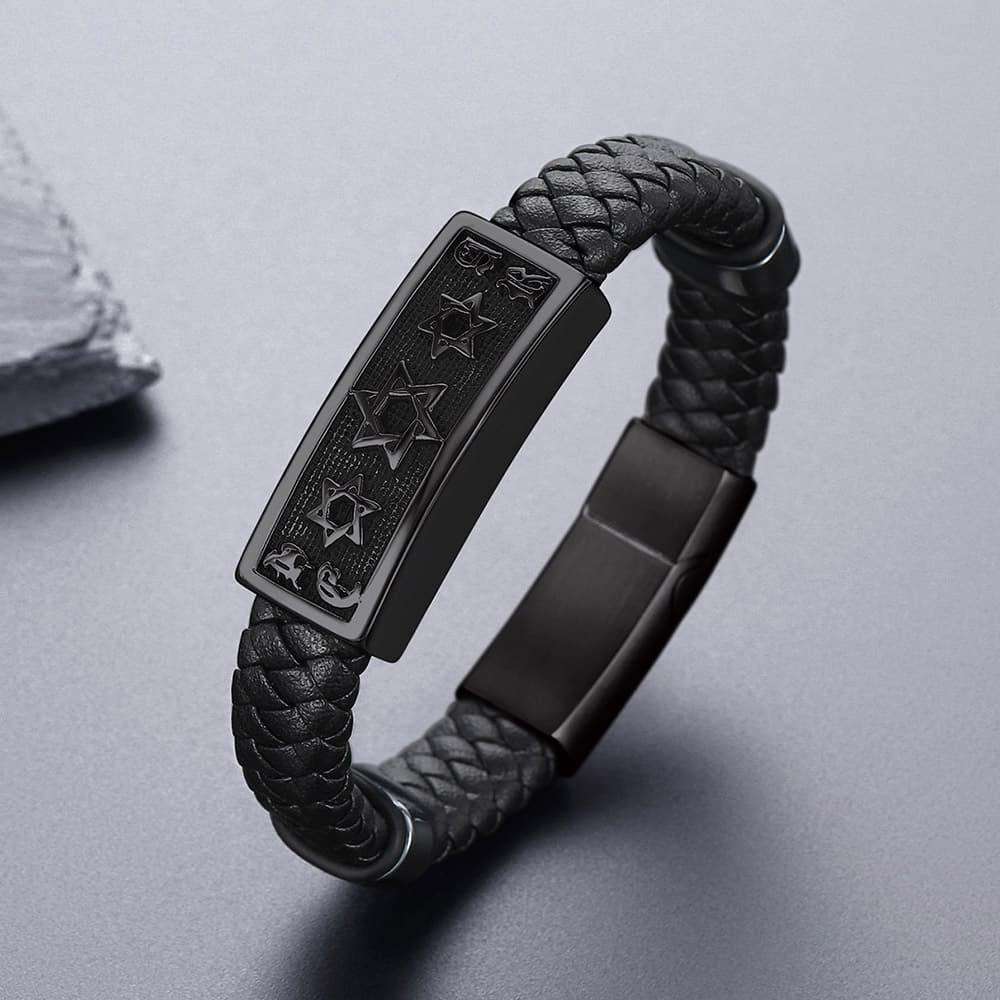 FaithHeart Black Leather Braided Hexagram Bracelet Punk Leather Cuff FaithHeart
