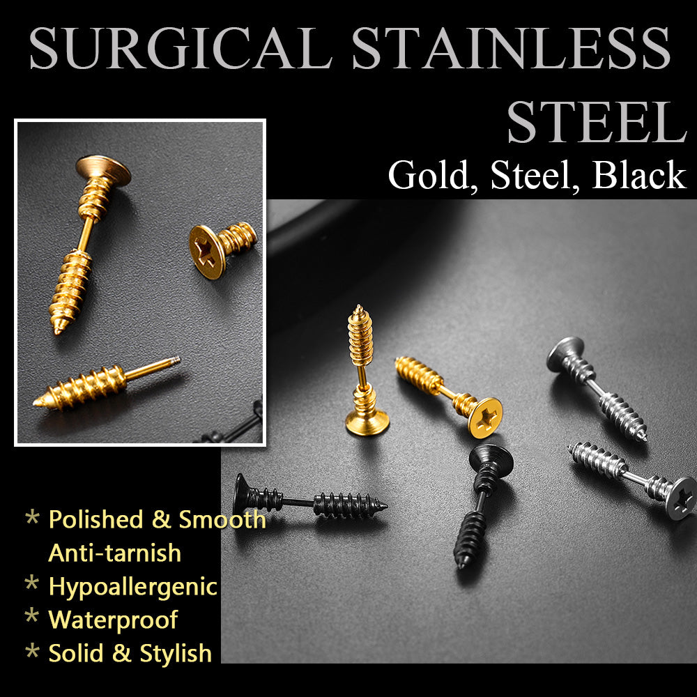 Stainless Steel Screw Stud Earrings Set for Men - Gold, Steel, Black