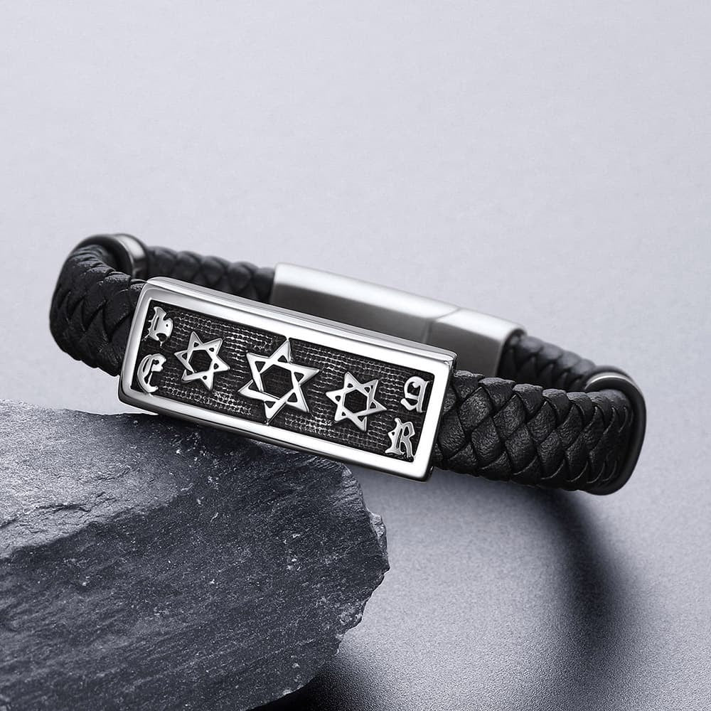FaithHeart Black Leather Braided Hexagram Bracelet Punk Leather Cuff FaithHeart