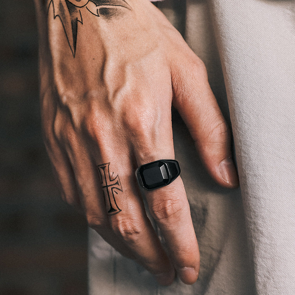 FaithHeart Black Onyx Punk Stainless Steel Custom Signet Ring FaithHeart