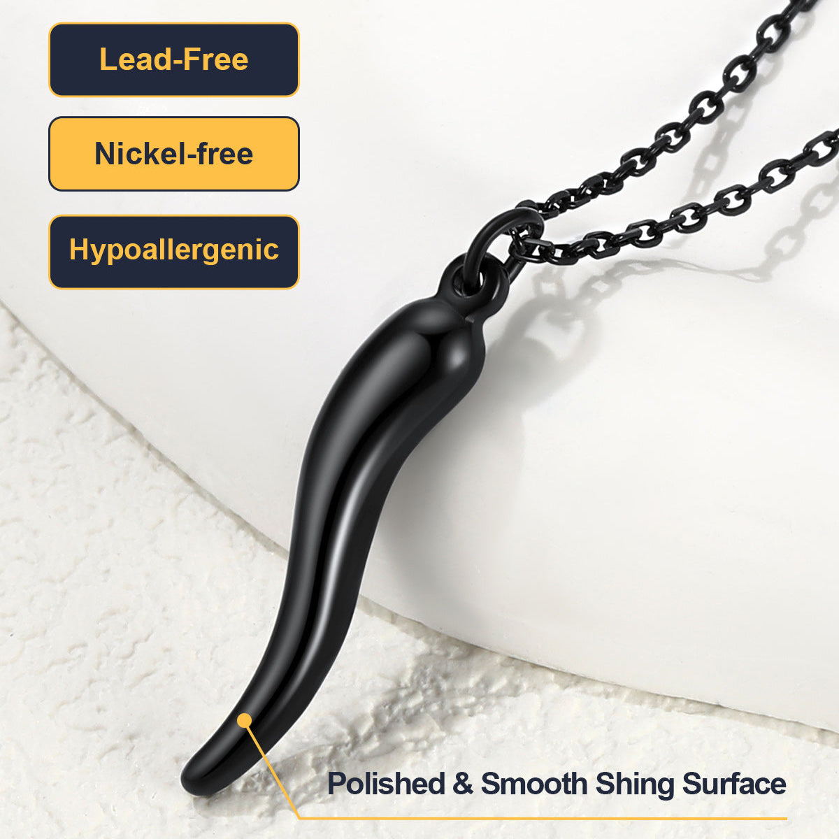 Black Cornicello Pendant Necklace - Hypoallergenic