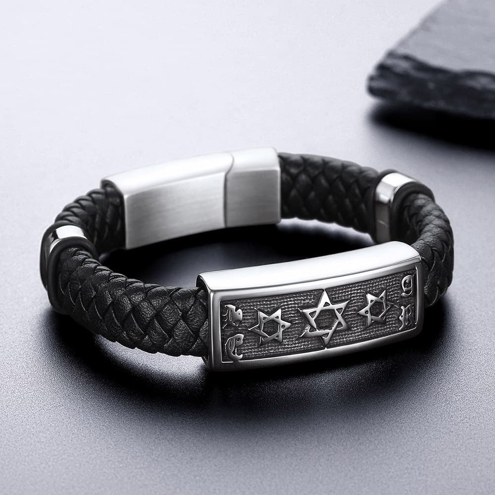 FaithHeart Black Leather Braided Hexagram Bracelet Punk Leather Cuff FaithHeart