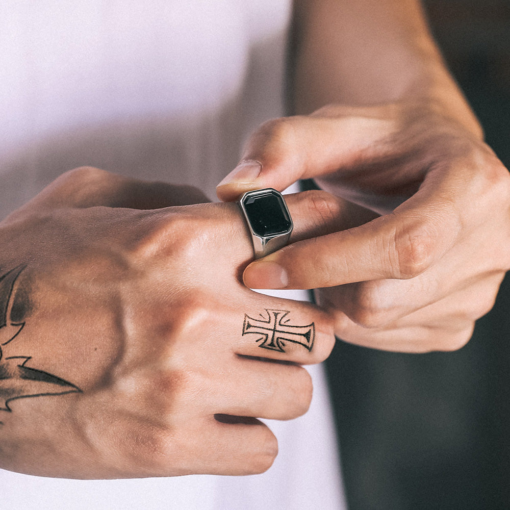 FaithHeart Black Onyx Punk Stainless Steel Custom Signet Ring FaithHeart