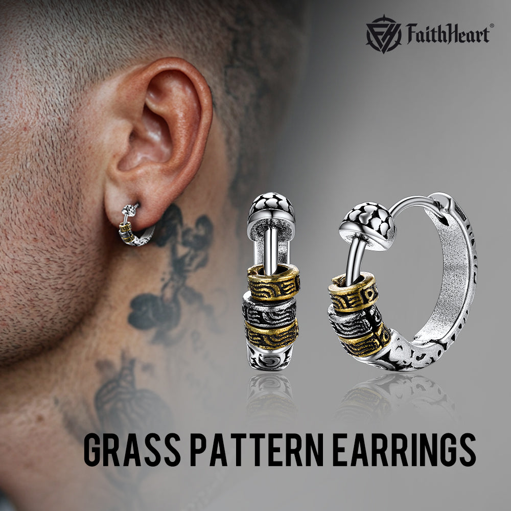 Vintage Round Circle Tang Grass Pattern Hoop Earrings For Men