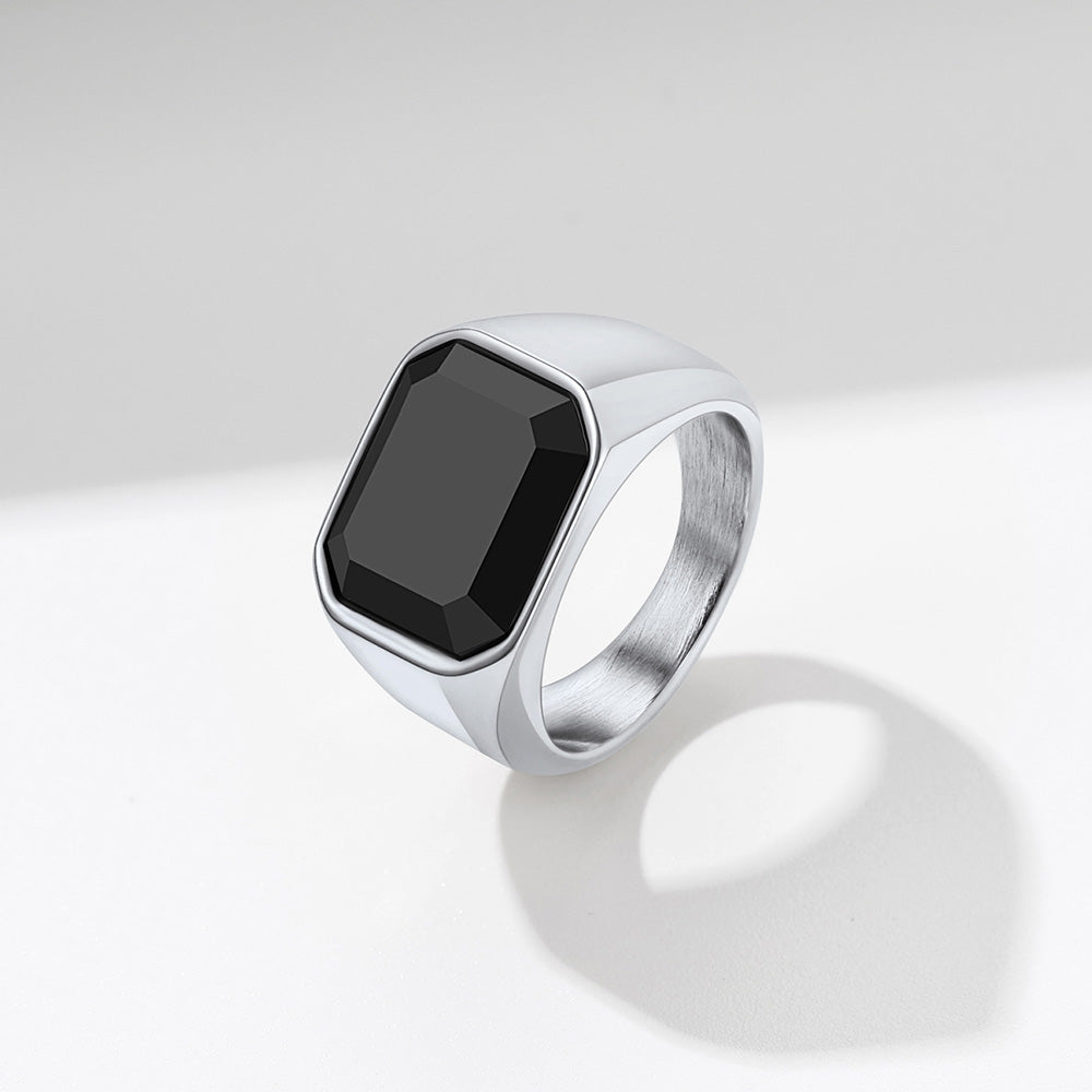 FaithHeart Black Onyx Punk Stainless Steel Custom Signet Ring FaithHeart